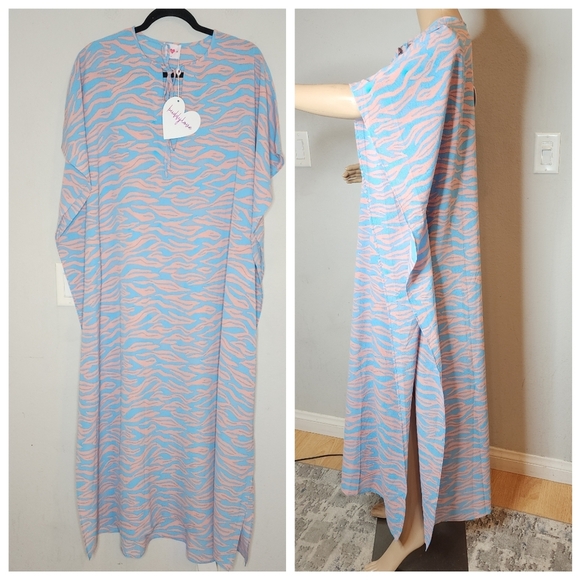 NWT BuddyLove Caftan Maxi Dress Flowy Blue Peach Coral Size S/M - Picture 5 of 16